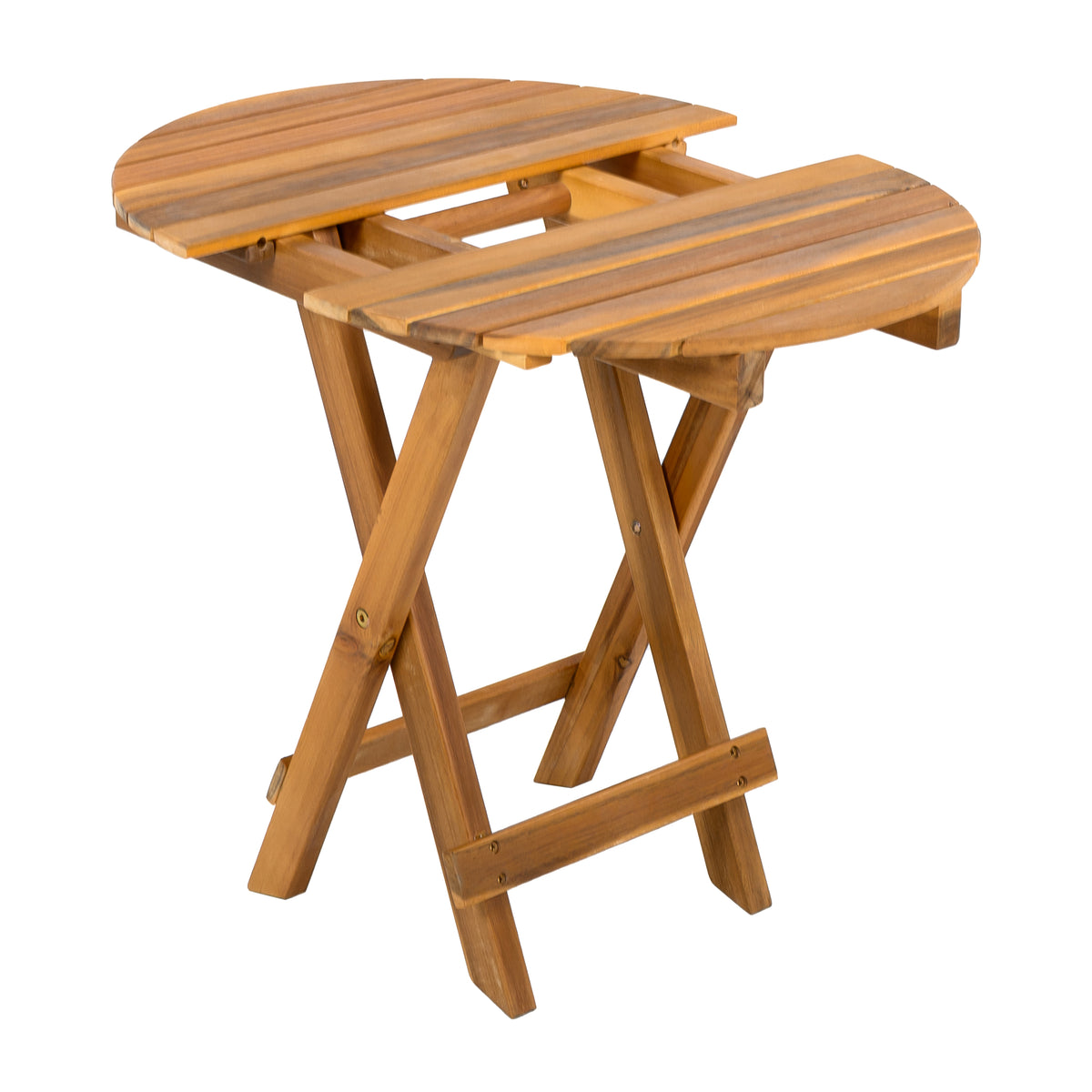Aurl 17.75" W Outdoor Acacia Wood Side Table, Round End Table, Slats Panel Design, Foldable and Adjustable Small Coffee Desk, Sofa Side Desk, No Assembly Needed, 175lbs Teak