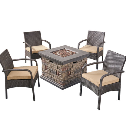 Meroy Patio Fire Pit Set, 4-Seater with Club Chairs, Wicker with Outdoor Cushions