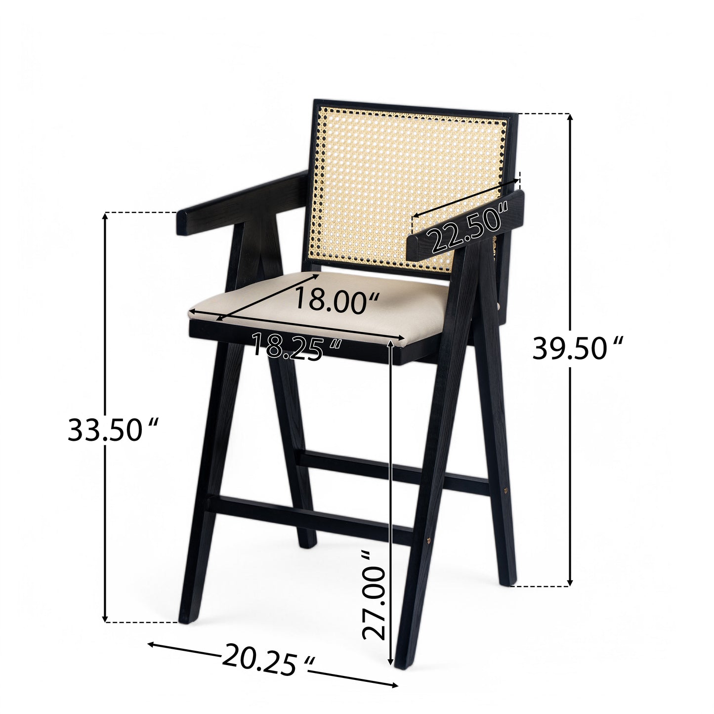 Lomiare Cream Grey Woven Cane Plastic Backrest Bar Stool - Foam-Padded Fabric Seat & Durable Rubberwood Frame