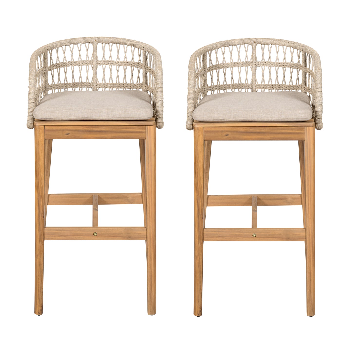 Lagunar Outdoor Wood and Rope Barstool, Teak Finished Wood with Cushion, Set of 2