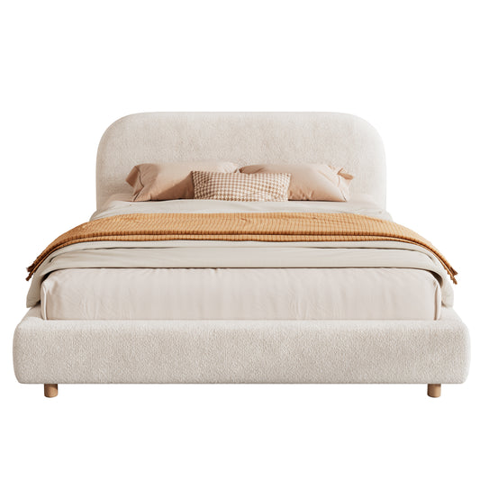 Selah Platform Bed, Boucle Fabric Upholstered Platform Bed,Curve-Shaped Design Headboard