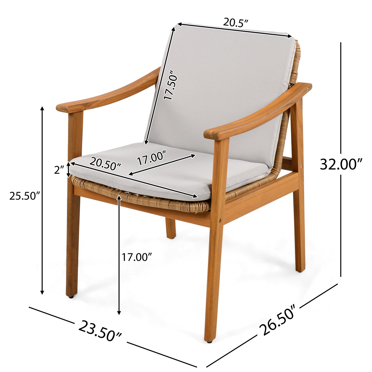 Demorivor Outdoor Dining Chairs Set of 2, Teak Color Acacia Wood Frame,Waterproof Cushion