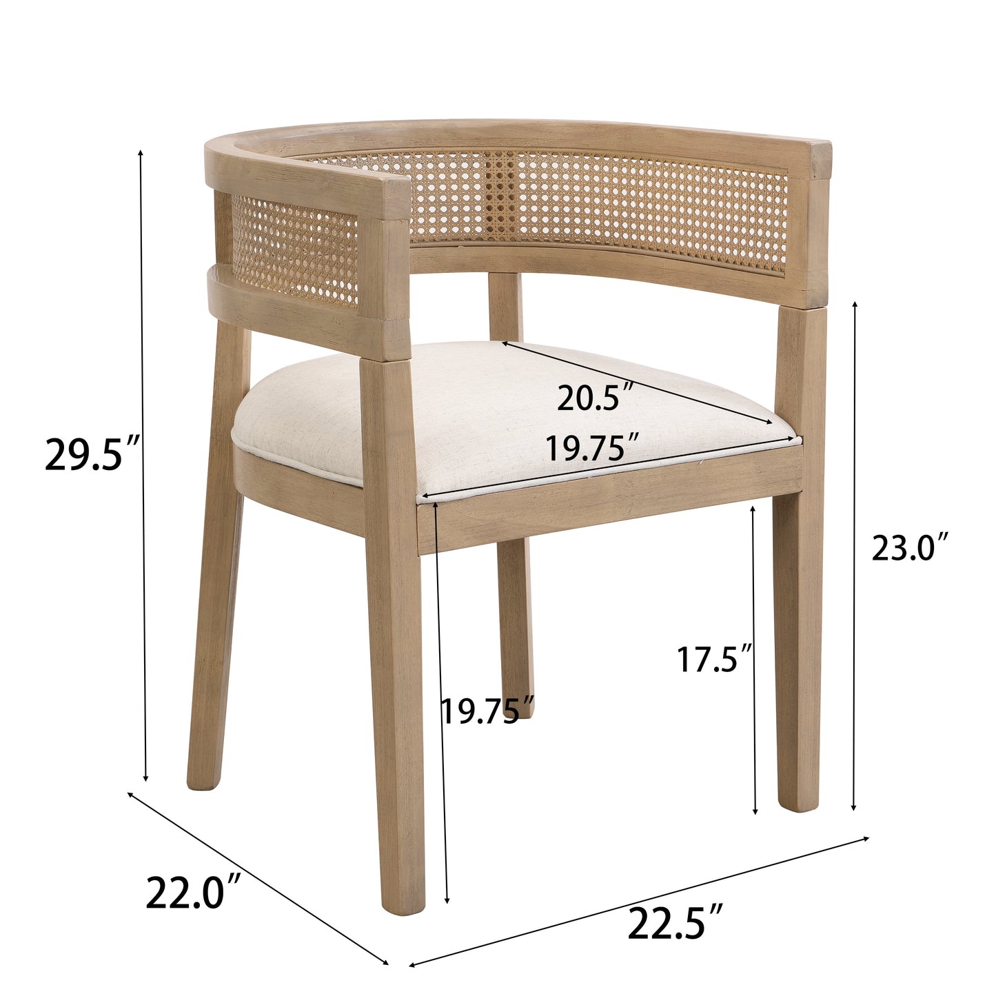 Bastian Dining Chairs with Rattan Backrest, Upholstered Seat, Set of 2