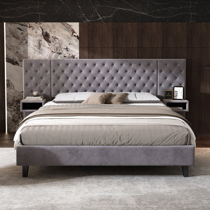 Meridia Platform Bed with Headboard, Modern Velvet Upholstered Platform Bed with 2 Nightstands, with diamond tufted