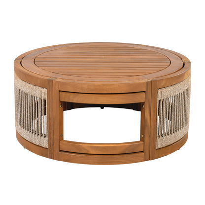 Cavolenin 27.95" Acacia Wood Outdoor Coffee Table - Handwoven Rope Accent Boho Patio Table