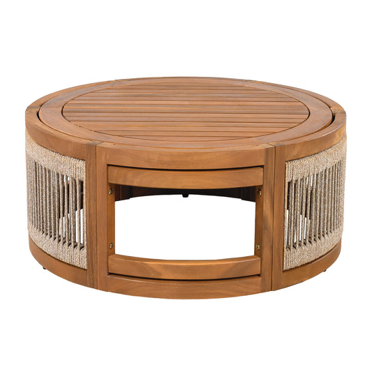 Cavolenin 27.95" Acacia Wood Outdoor Coffee Table - Handwoven Rope Accent Boho Patio Table