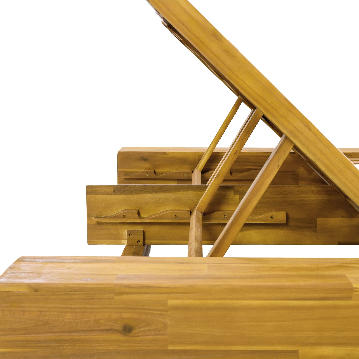 Junipar Outdoor Double Chaise Lounge, Acacia Wood, 4 Position Adjustable Back, 800lbs Capacity