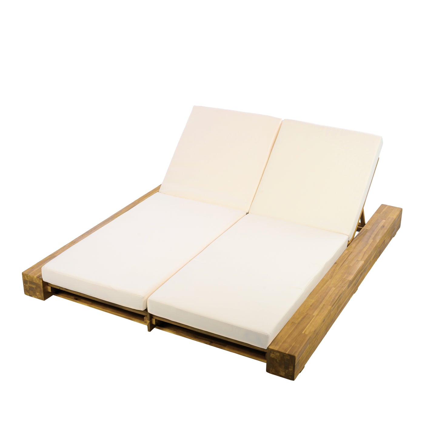 Junipar Outdoor Double Chaise Lounge, Acacia Wood, 4 Position Adjustable Back, 800lbs Capacity