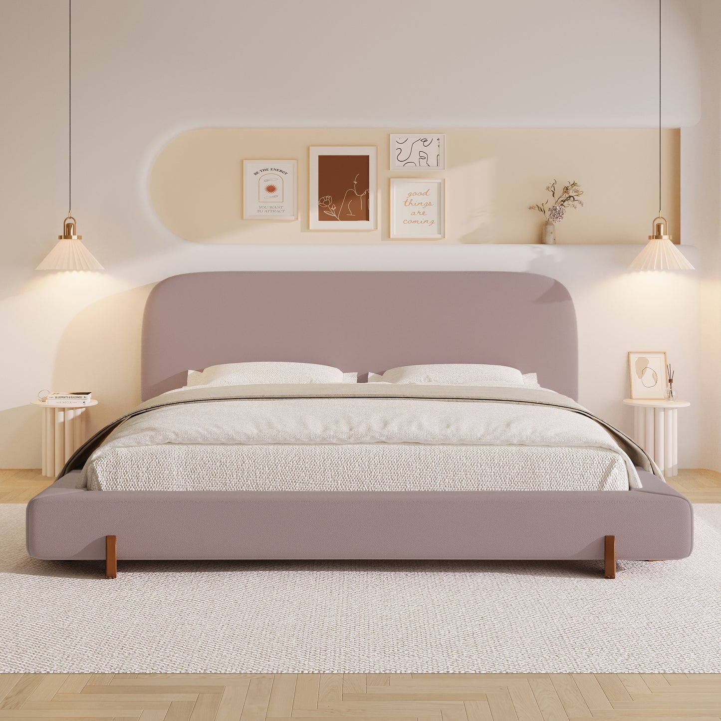 Maren Unique Design, White Fabric and Solid Wood Legs Upholstered Bed Frame