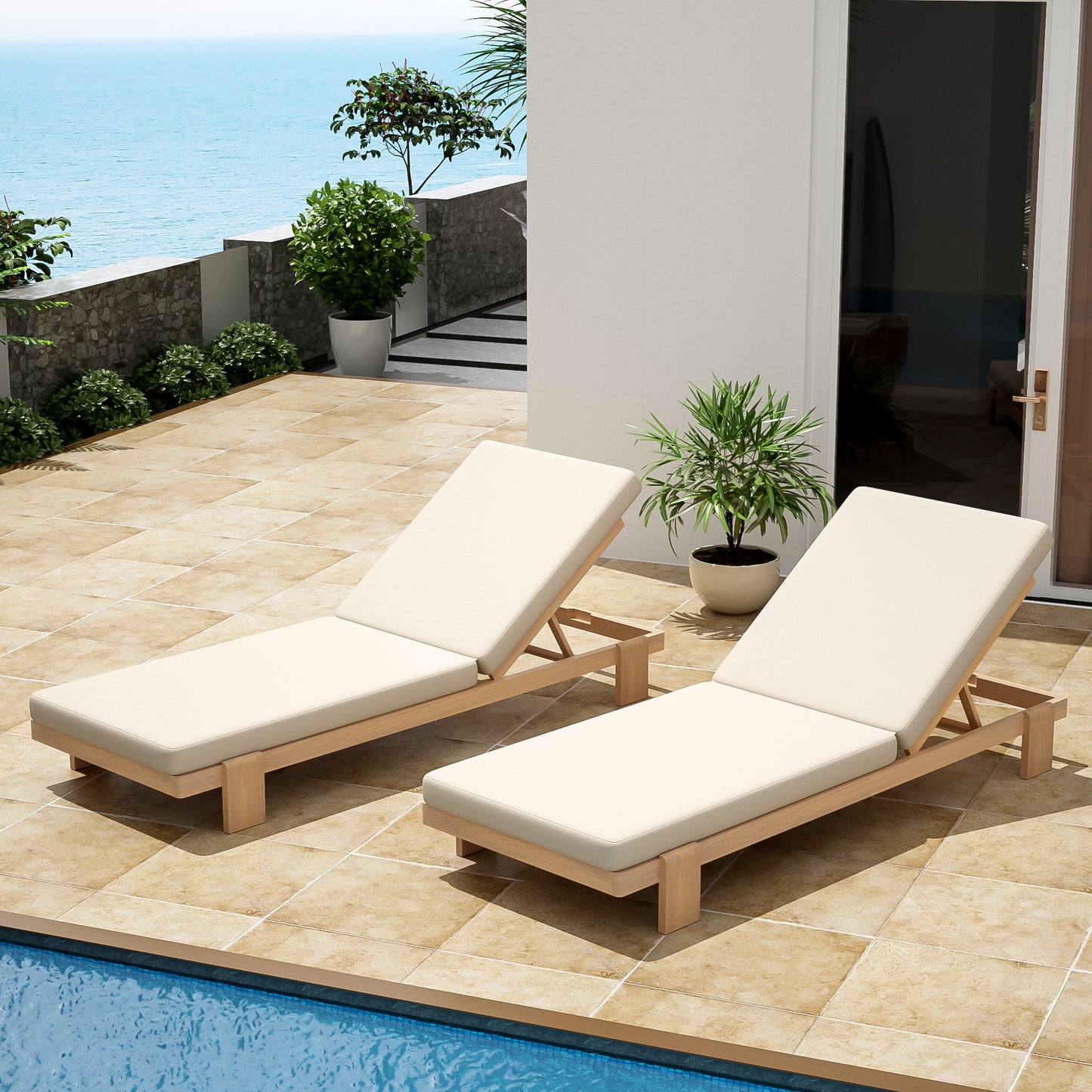 Enchang Outdoor Acacia Wood Chaise Lounge, Teak Frame, with Cushion