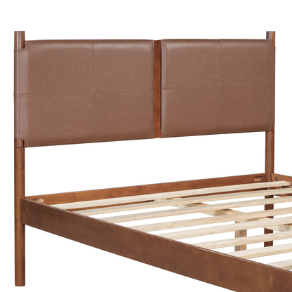 Umora Queen Bed with Brown leather Upholstered Headboard, Wood Frame