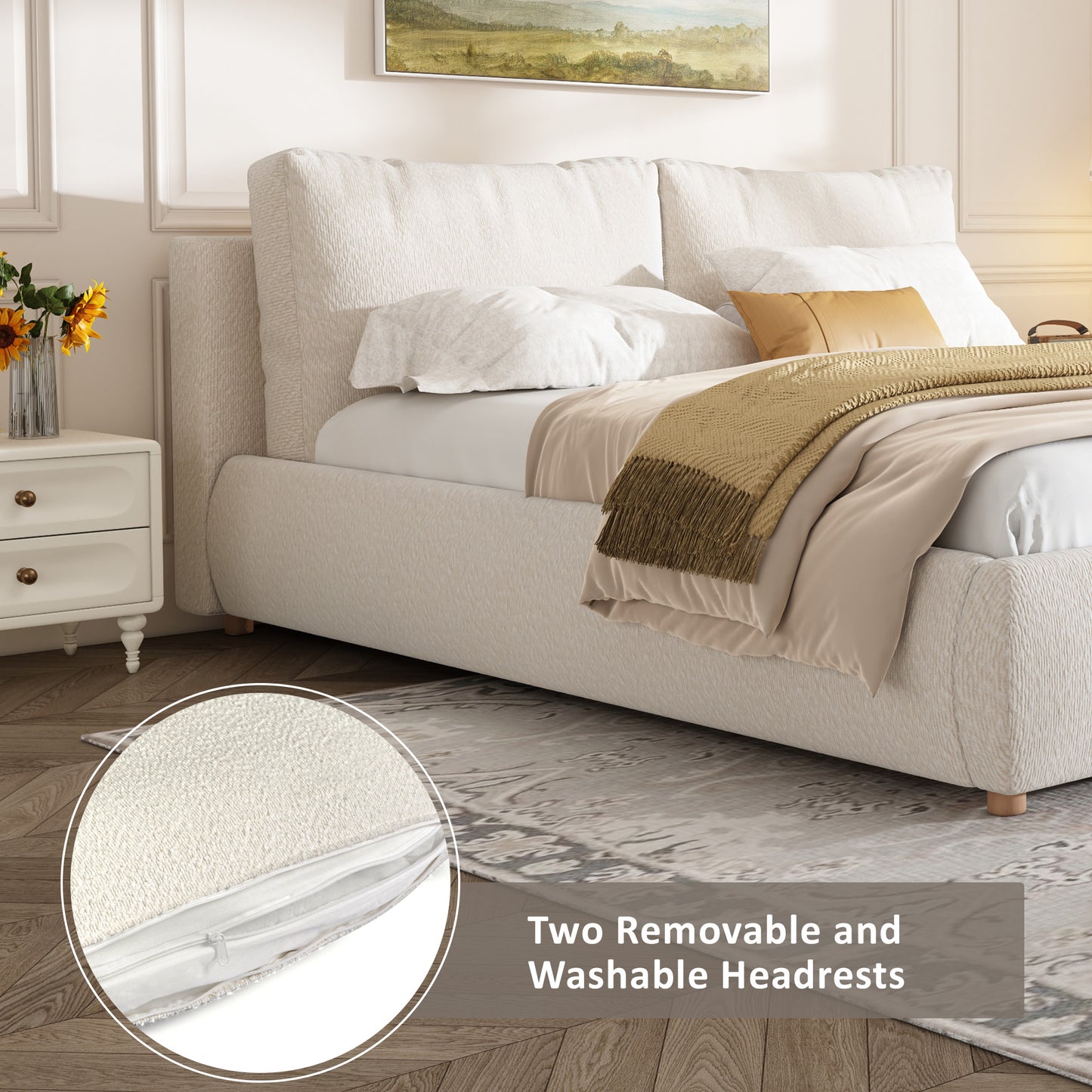 Maeve Upholstered Platform Bed with Two Removable Pillow Headboard