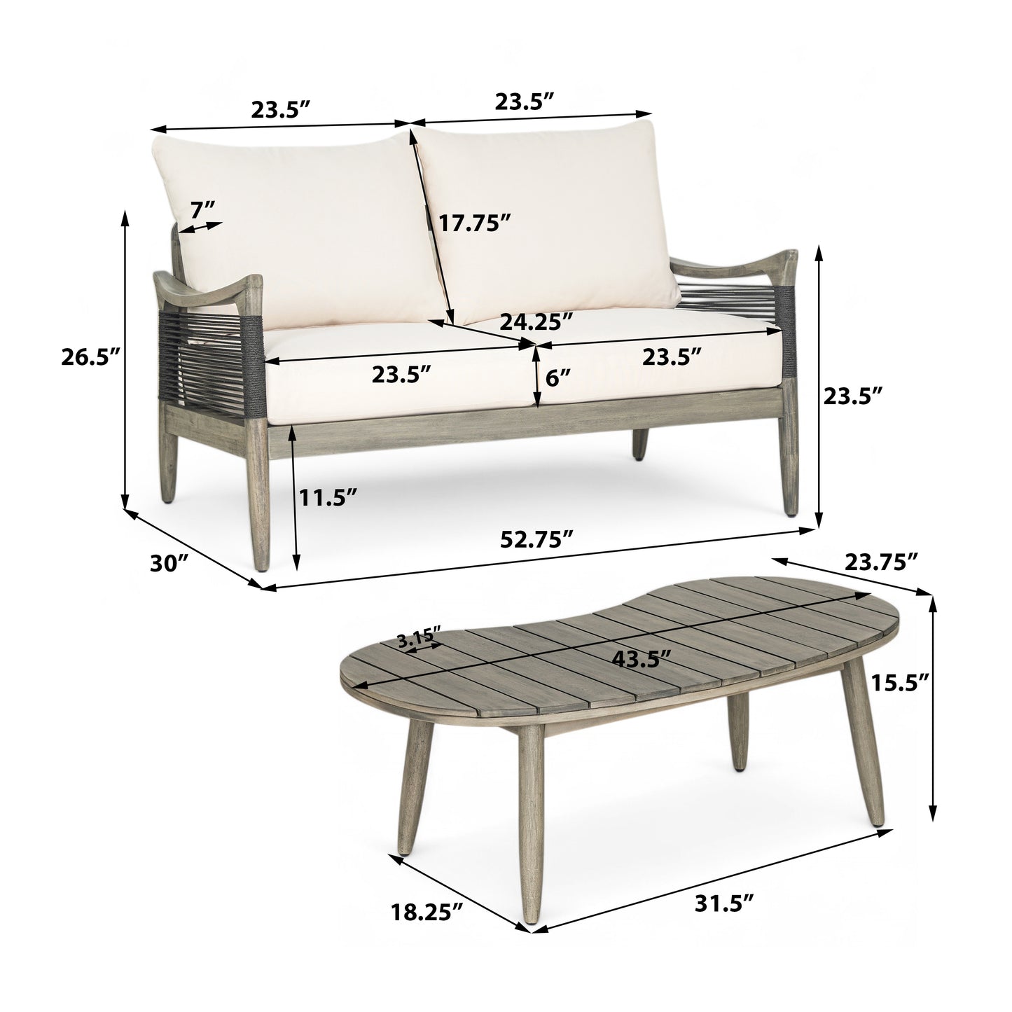 Brsin Outdoor Patio Seating Group,Woven Rope Loveseat with Cushions and Coffee Table