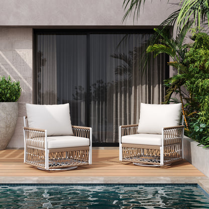 360° Swivel Bohemian Outdoor Lounge Chair with Handwoven Rope,Waterproof Cushions[Set of 2]