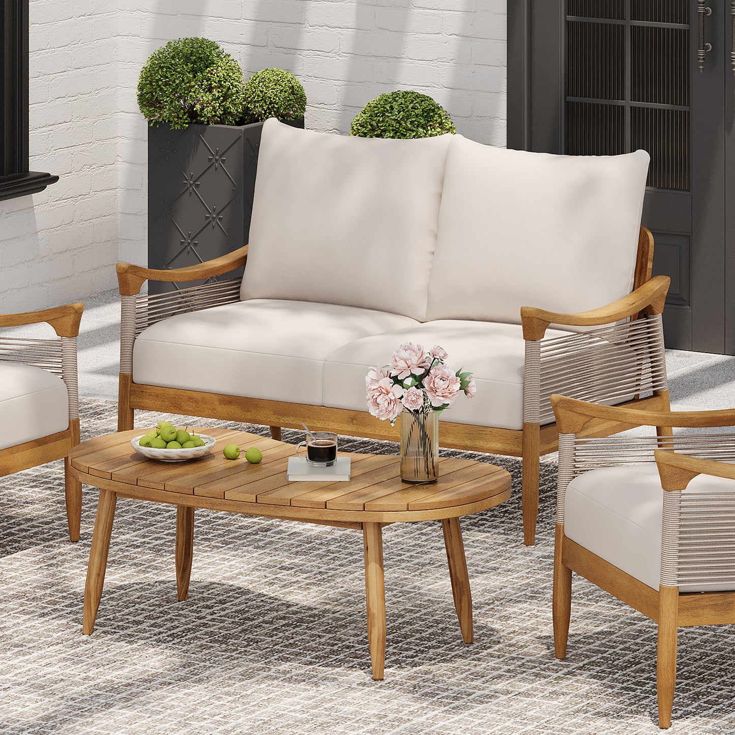 Brsin Outdoor Patio Seating Group,Woven Rope Loveseat with Cushions and Coffee Table