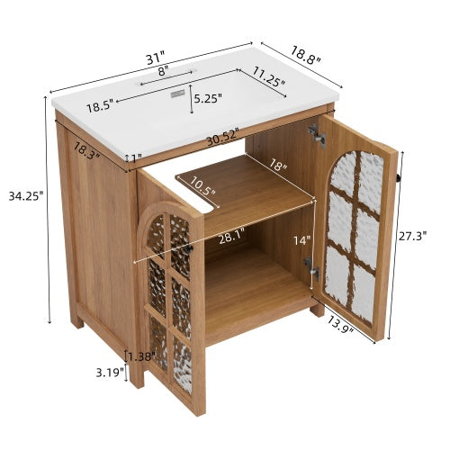 ‌Nexrail 31" Vintage Bathroom Vanity with Ceramic Sink, with Bronze Pulls and Tempered Glass