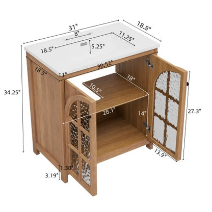 ‌Nexrail 31" Vintage Bathroom Vanity with Ceramic Sink, with Bronze Pulls and Tempered Glass