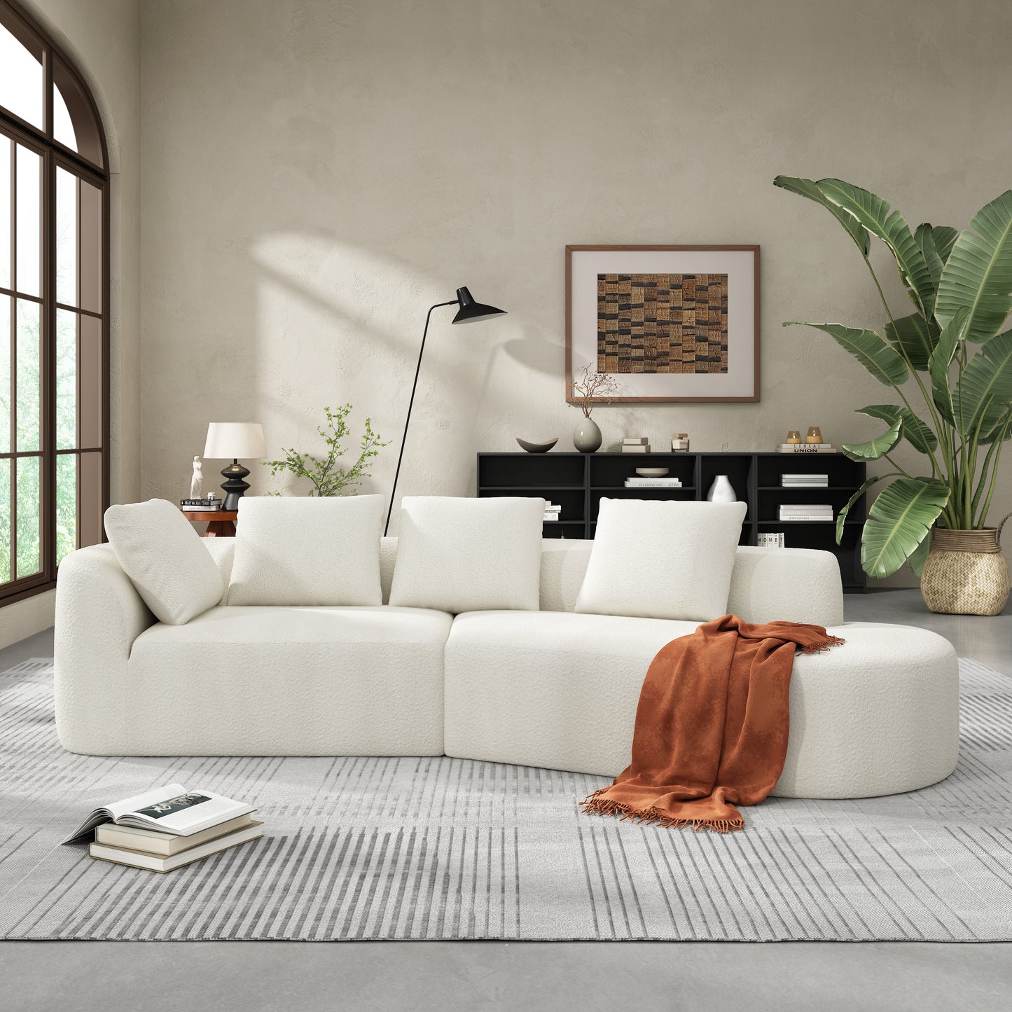 Orellar 116" Modern Curved Sectional Sofa with High-Density Fully Compressed Sponge and Chaise Lounge, Pearl Upholstery