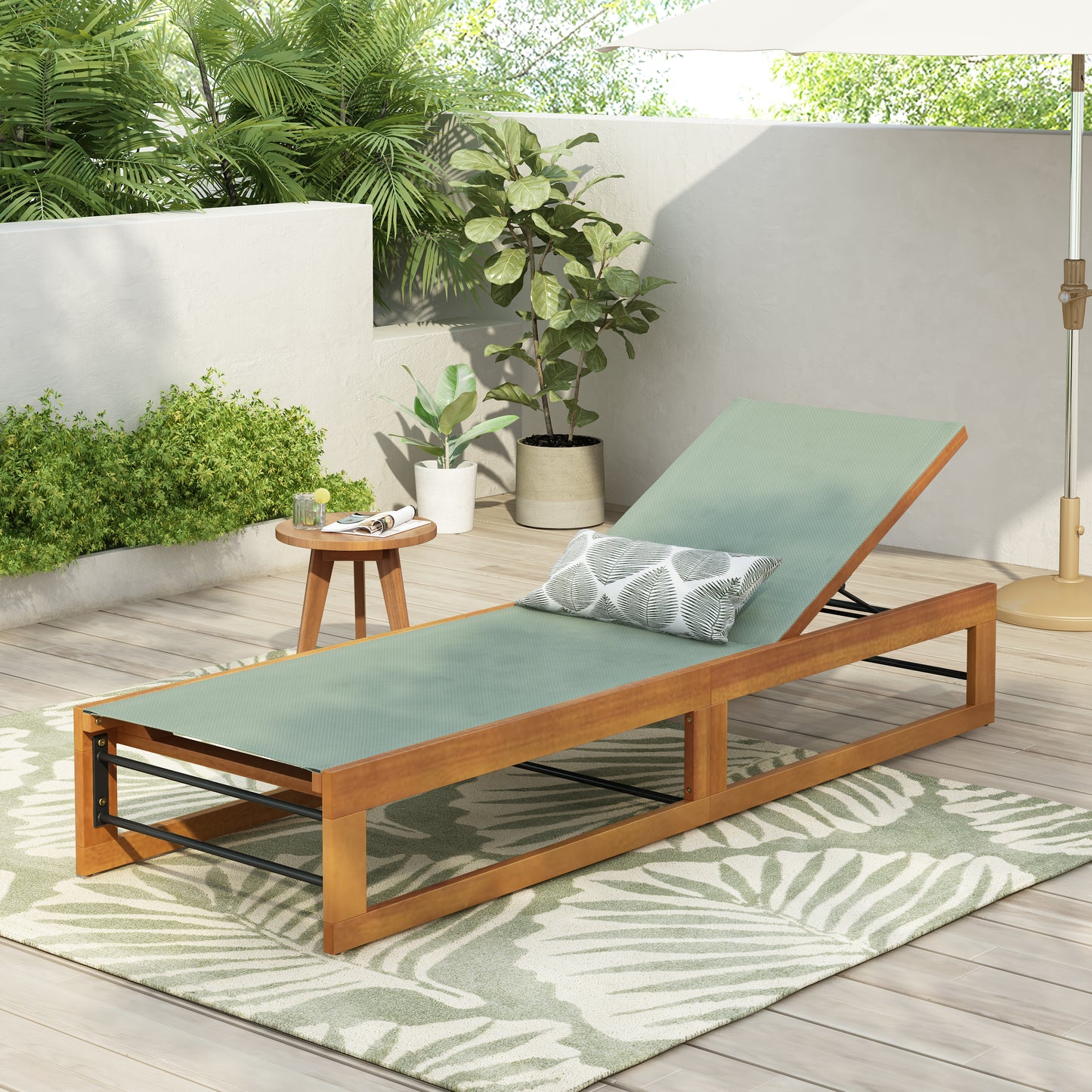 Leavitt Outdoor Mesh and Wood Adjustable Chaise Lounge, Black and Teak