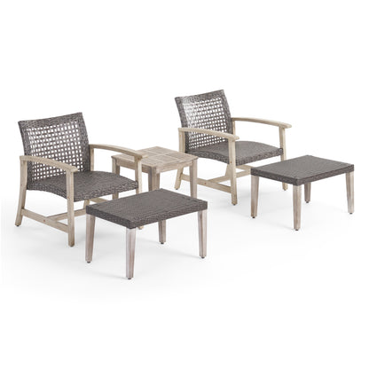 Savannah Outdoor 5 Piece Wood and Wicker Club Chair and Ottoman Set