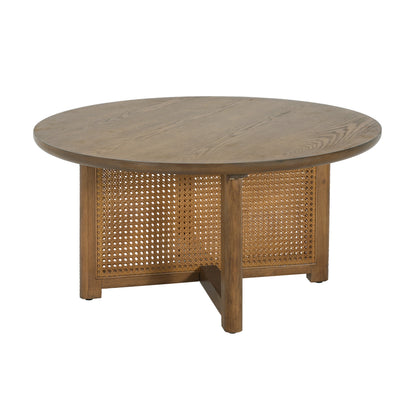 Orlenquess 32'' Rattan Coffee Table, Round Rattan Woven Wood Coffee Table