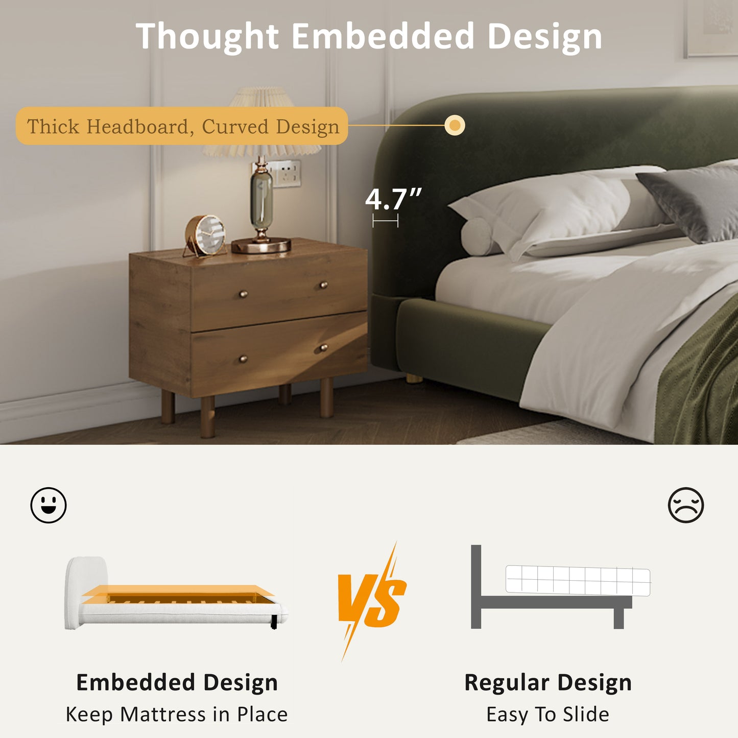 Selah Platform Bed, Boucle Fabric Upholstered Platform Bed,Curve-Shaped Design Headboard