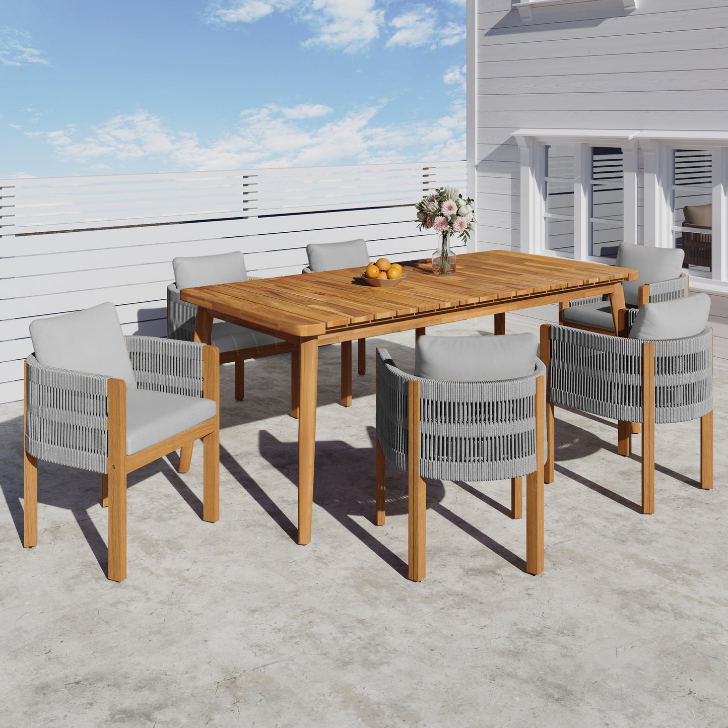 Sylvia Outdoor Dining Set with Acacia Wood Table and 6 Chairs,Waterproof Cushions