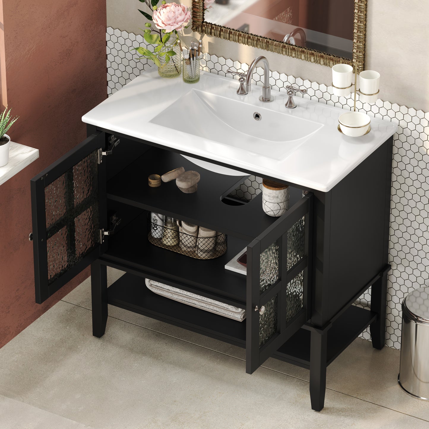 Faelan Bathroom Vanity with Ceramic Sink with Adjustable Shelf and open shelf