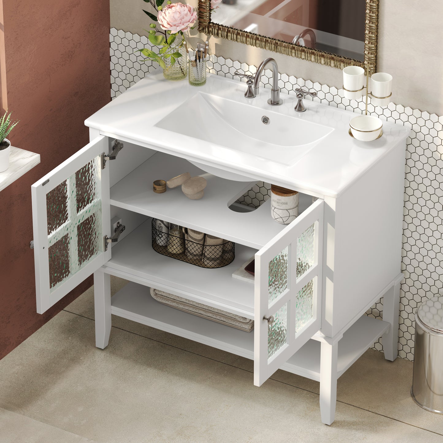 Faelan Bathroom Vanity with Ceramic Sink with Adjustable Shelf and open shelf