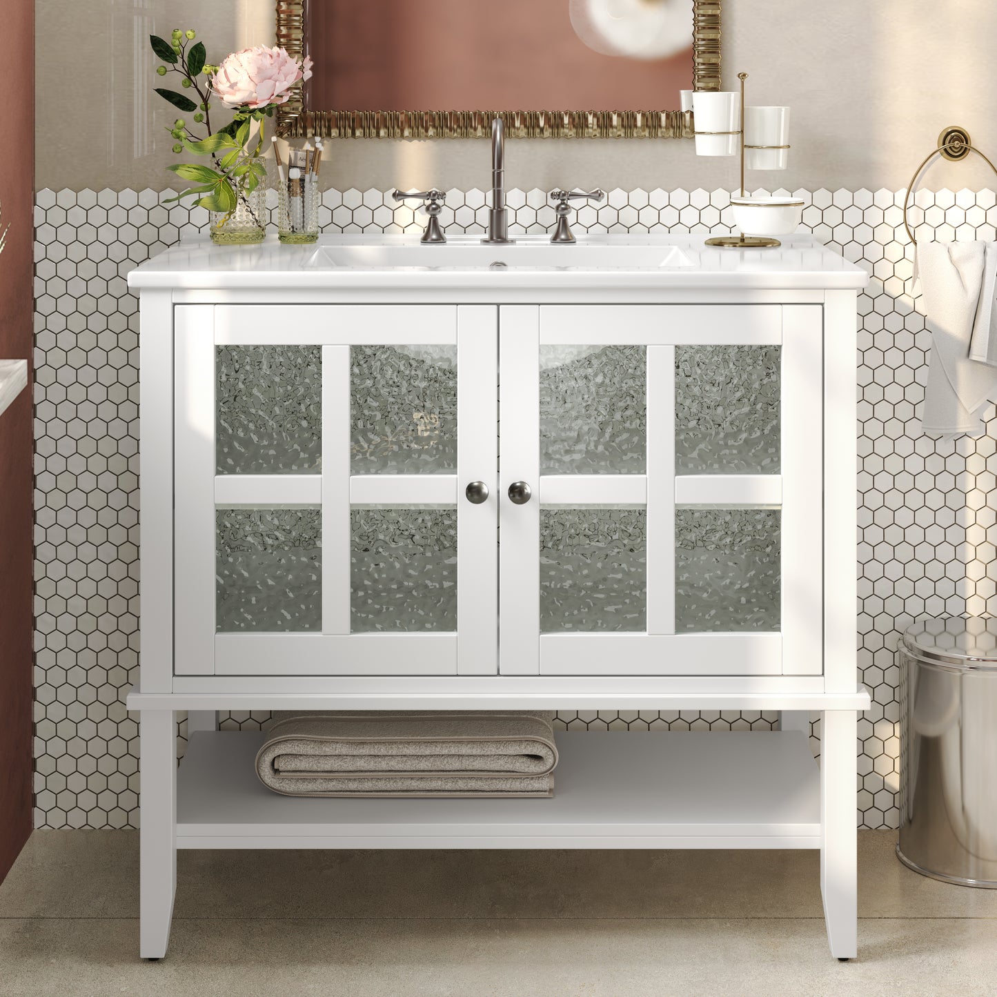 Faelan Bathroom Vanity with Ceramic Sink with Adjustable Shelf and open shelf