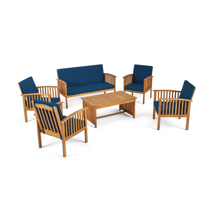 Parry Outdoor Open Slat 6-Seater Acacia Wood Conversation Set with Coffee Table