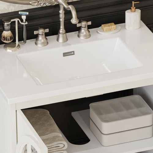 ‌Nexrail 31" Vintage Bathroom Vanity with Ceramic Sink, with Bronze Pulls and Tempered Glass