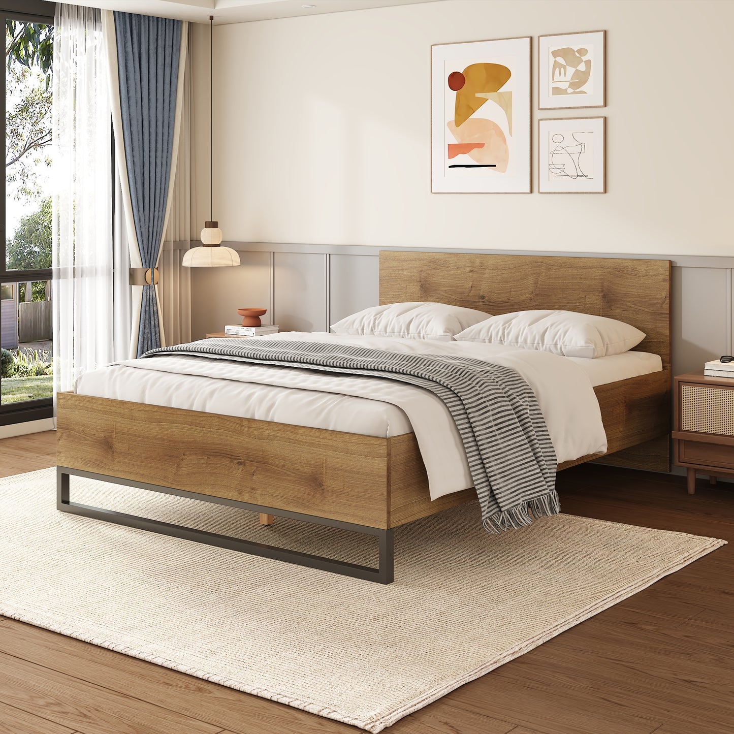 Ketura Two-Tone Aesthetic Engineered Wood Bed Frame in Natural Wood Grain and Matte Black Metal Leg