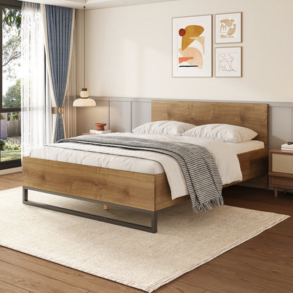 Ketura Two-Tone Aesthetic Engineered Wood Bed Frame in Natural Wood Grain and Matte Black Metal Leg