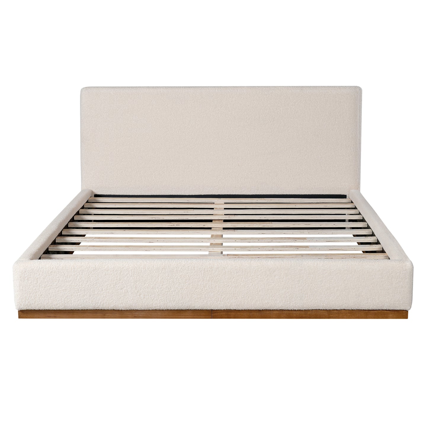 Tulae Elegant White Fabric Upholstered Bed, Wood Grain Textured,Solid Wood Base Frame