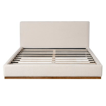 Tulae Elegant White Fabric Upholstered Bed, Wood Grain Textured,Solid Wood Base Frame