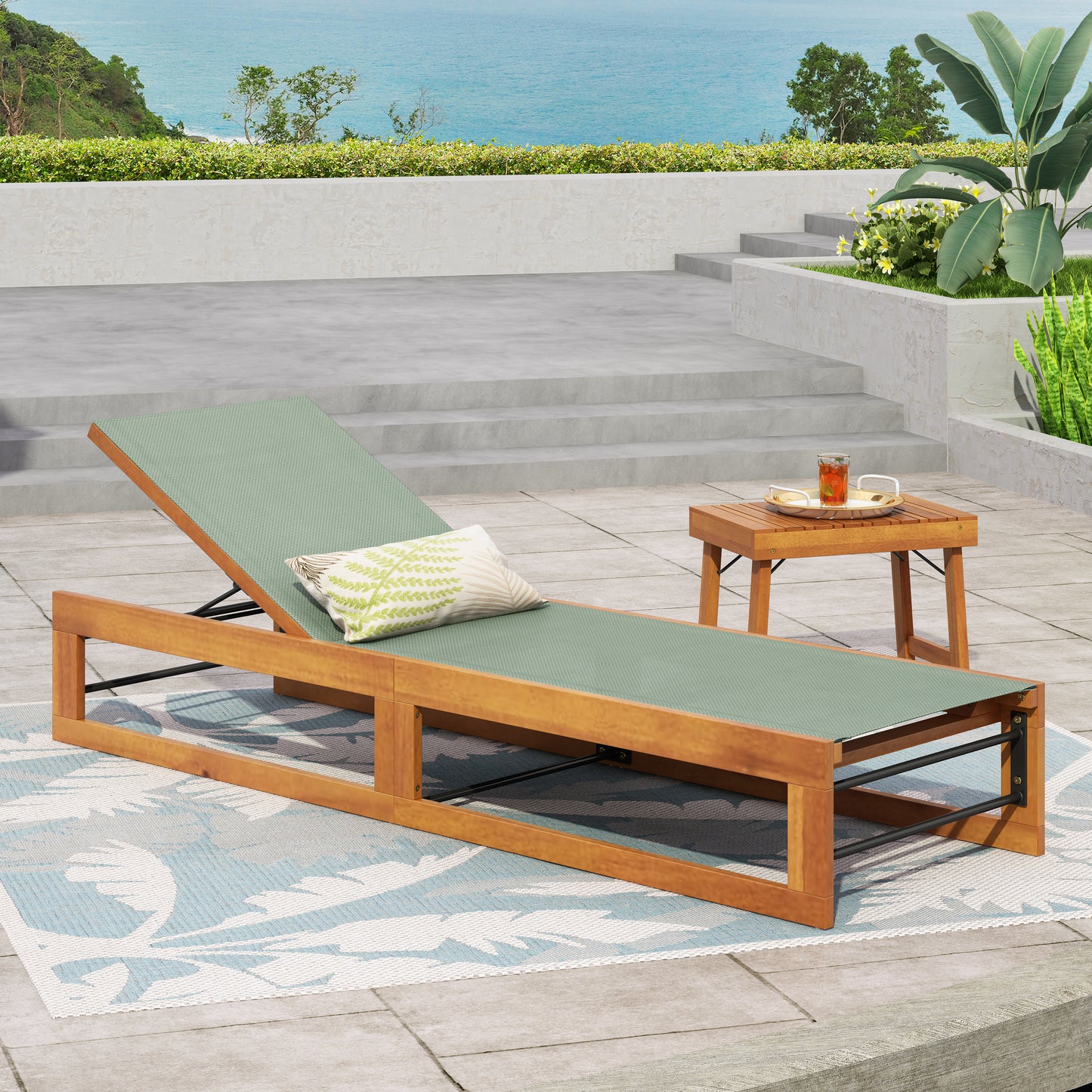 Leavitt Outdoor Mesh and Wood Adjustable Chaise Lounge, Black and Teak