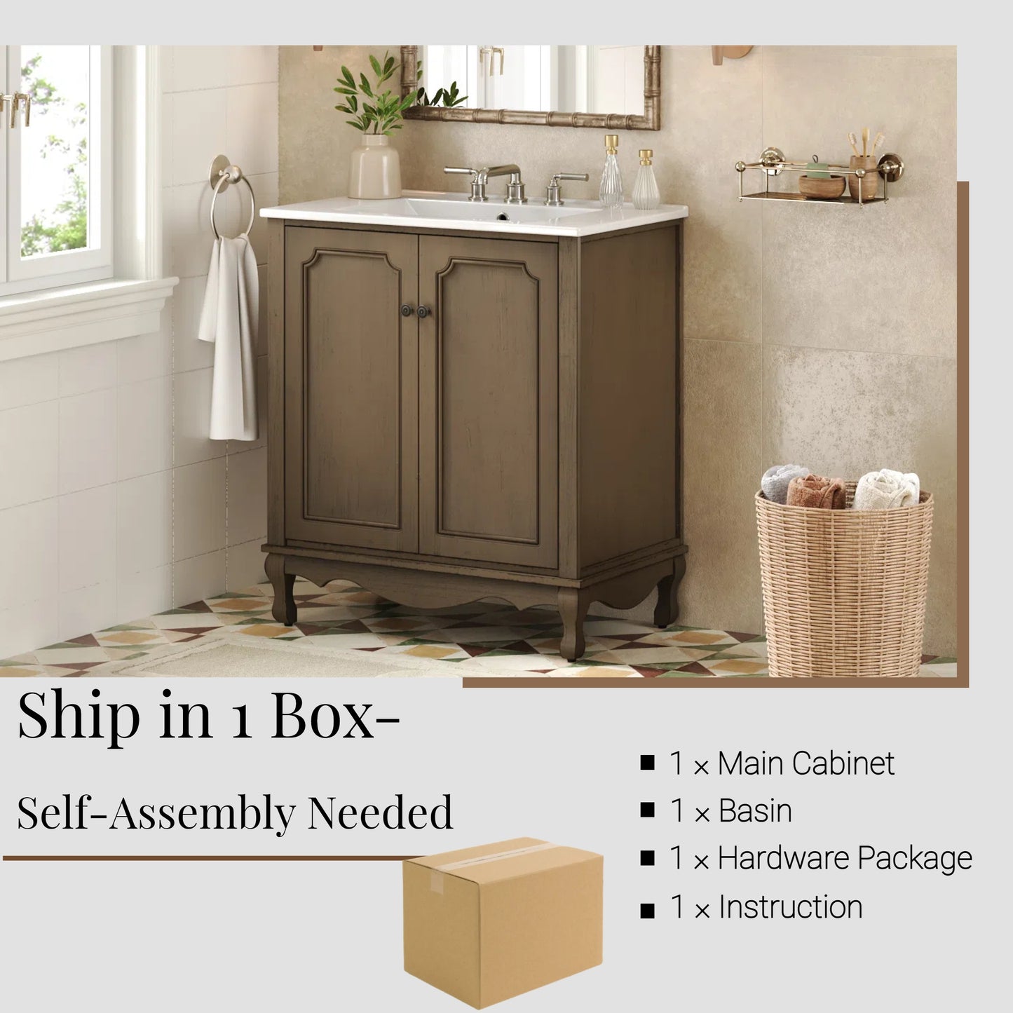 Orion 30" Vintage Bathroom Vanity with Ceramic Sink, Bathroom Vanity Cabinet,Antique Brown