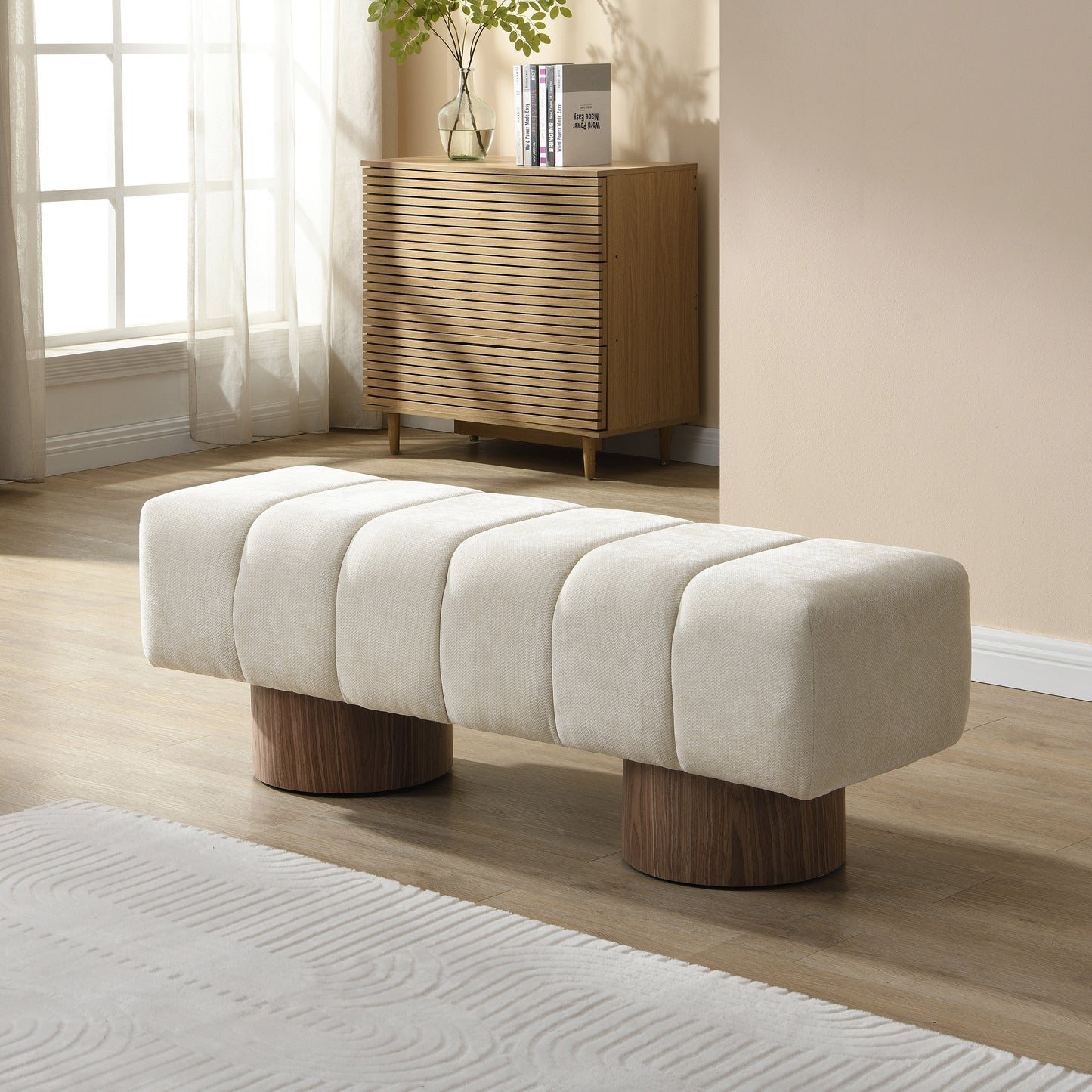 Sylithar Chenille Fabric Upholstered Dining Bench, End of Bed Entryway Bench Ottoman