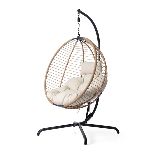 Luciane Outdoor Patio Hanging Basket Chair with Stand, Beige + Brown