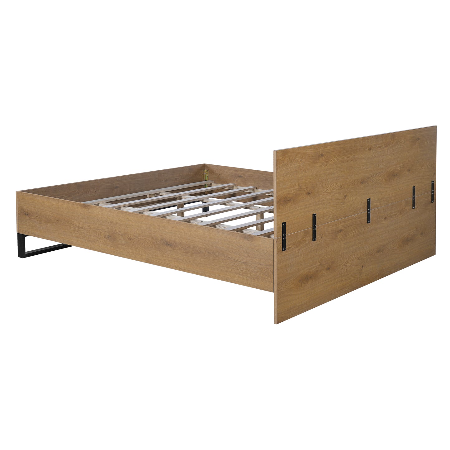 Ketura Two-Tone Aesthetic Engineered Wood Bed Frame in Natural Wood Grain and Matte Black Metal Leg