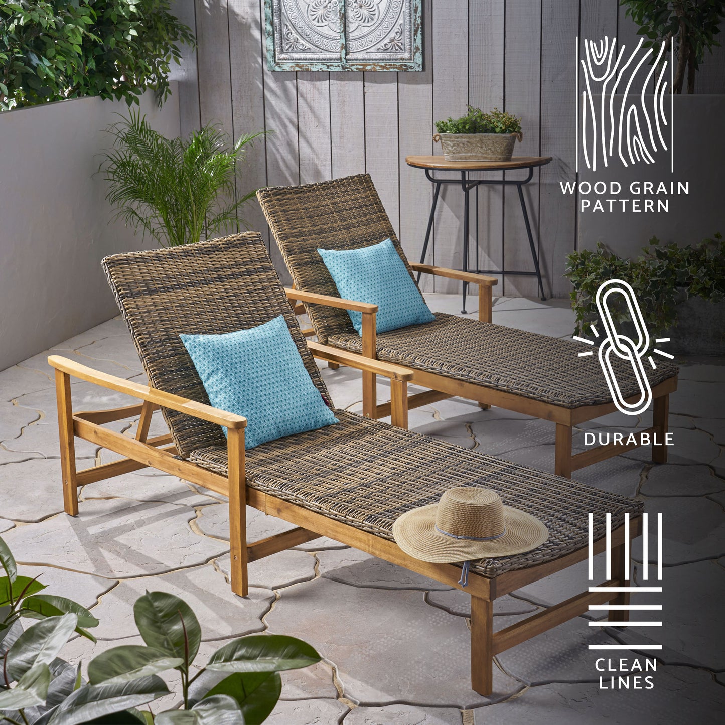 Kyle Outdoor Rustic Acacia Wood Chaise Lounge with Wicker Seating