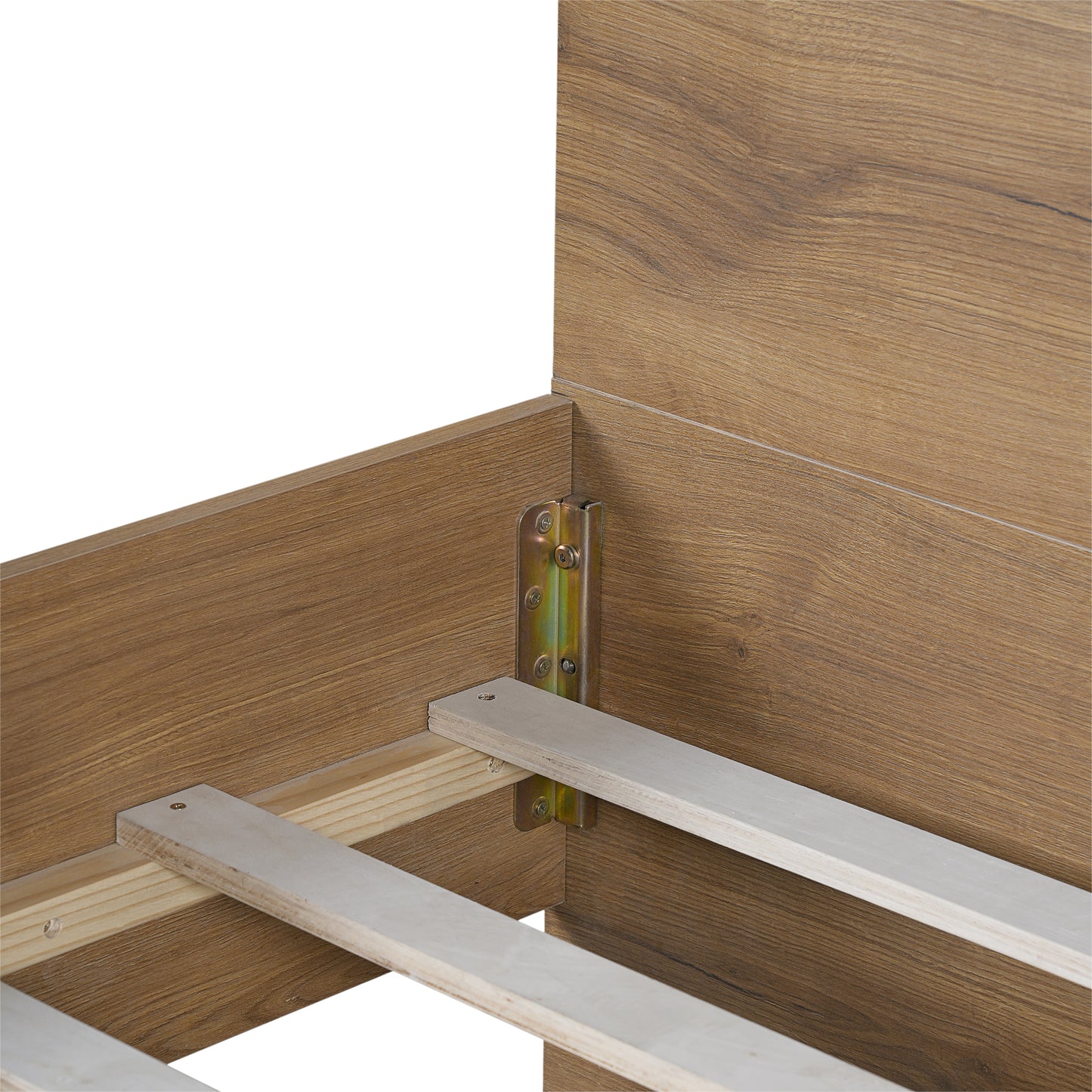 Ketura Two-Tone Aesthetic Engineered Wood Bed Frame in Natural Wood Grain and Matte Black Metal Leg