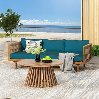 Xenath Outdoor Patio Furnitre Sets 3 Pieces,3 Seater Daybed With Rattan Arms  + Acacia Wood Table
