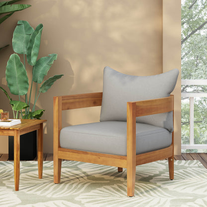 Burrough Outdoor Acacia Wood Club Chair with Removable Cushions for Porch, Garden