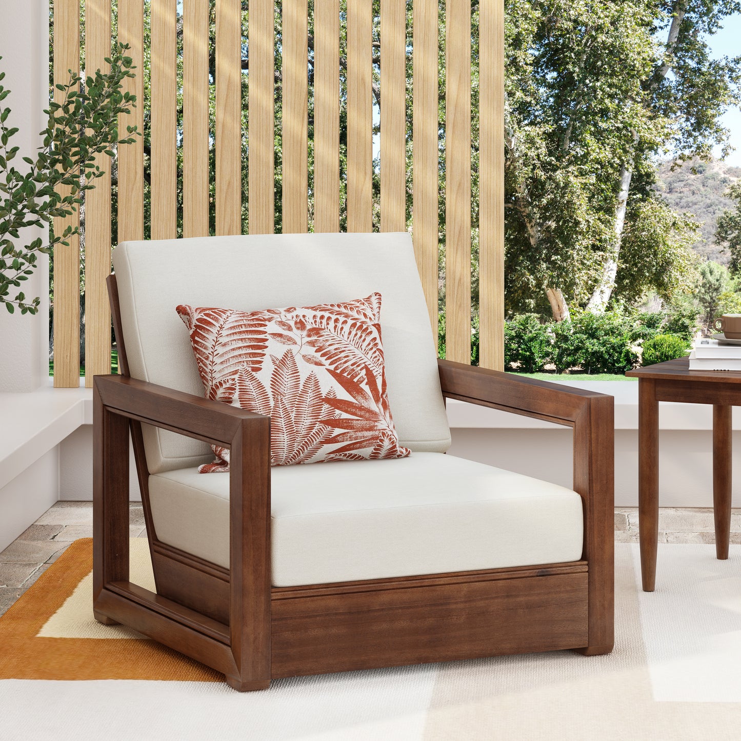 Andrae Outdoor Acacia Wood Club Chair with Cushion for Patio, Garden, Balcony