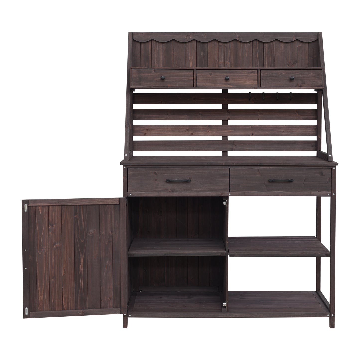 Quirion Brown Fir Wood Potting Bench with Slatted Back Panel & Storage Cabinet & Drawer