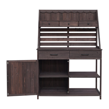 Quirion Brown Fir Wood Potting Bench with Slatted Back Panel & Storage Cabinet & Drawer