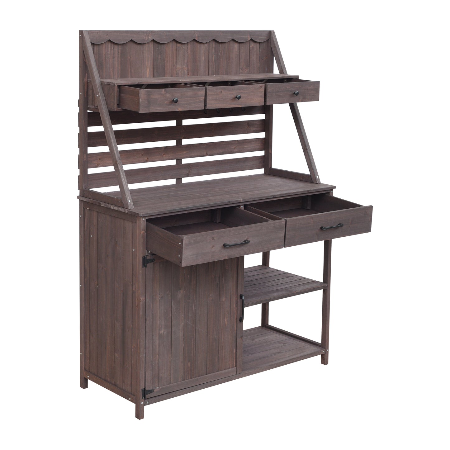 Quirion Brown Fir Wood Potting Bench with Slatted Back Panel & Storage Cabinet & Drawer