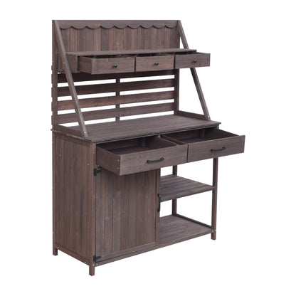 Quirion Brown Fir Wood Potting Bench with Slatted Back Panel & Storage Cabinet & Drawer